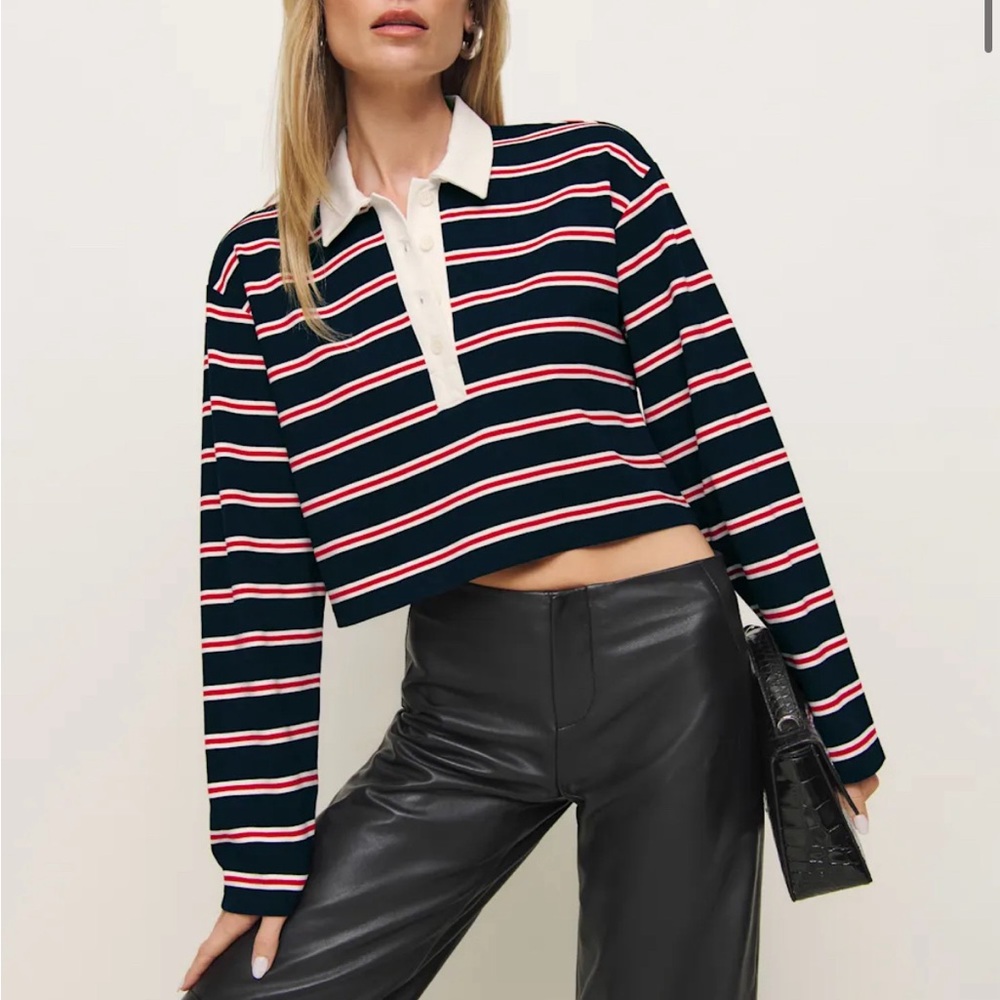 Reformation Navy, White & Red Striped Cropped Polo